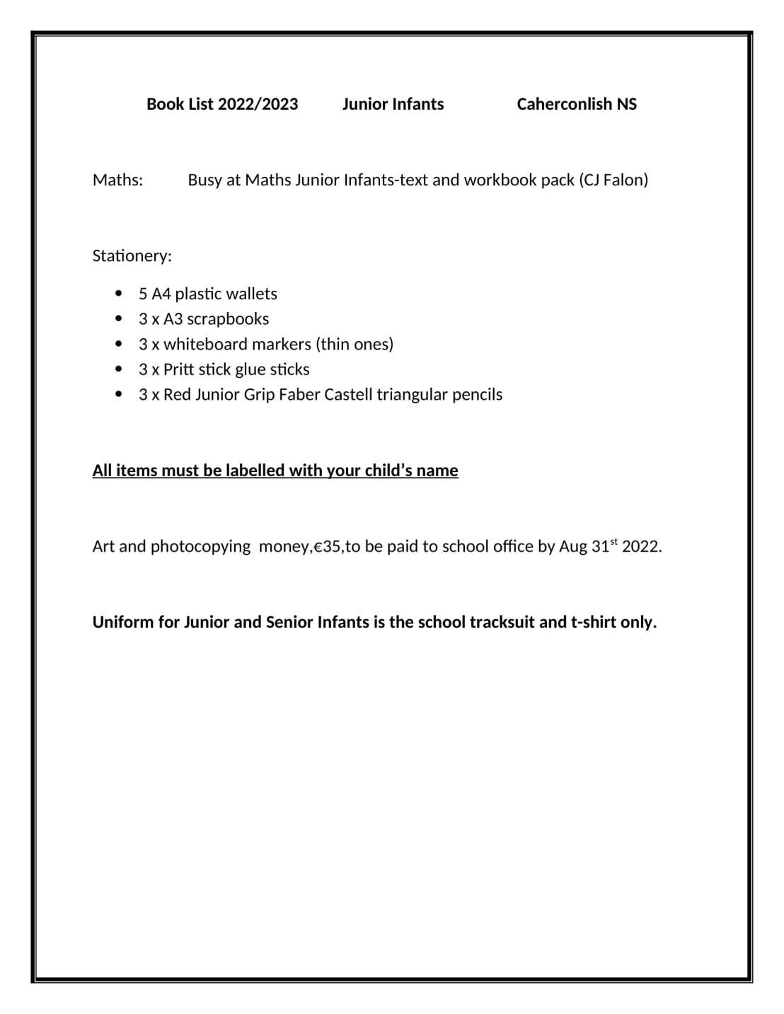 Junior Infants Book List 2022-1